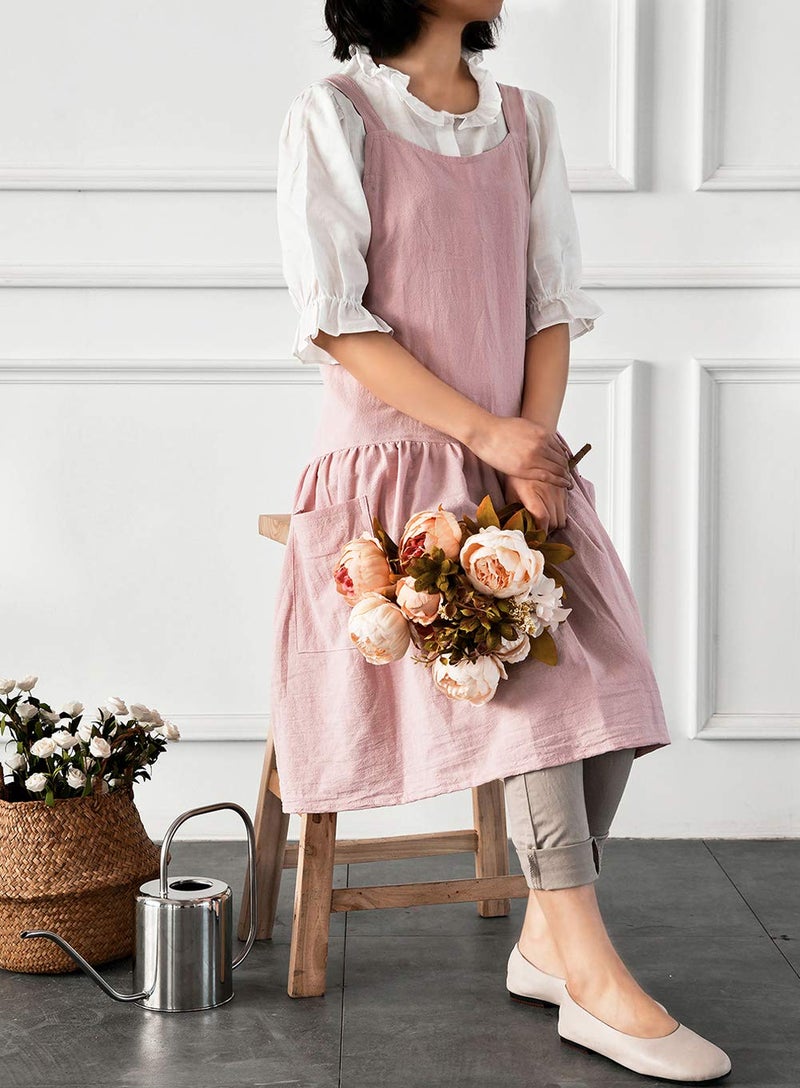 NEWGEM Cotton Linen Cross Back Apron for Women with Pockets for Baking Painting Pink with Waist Ties - Image 3